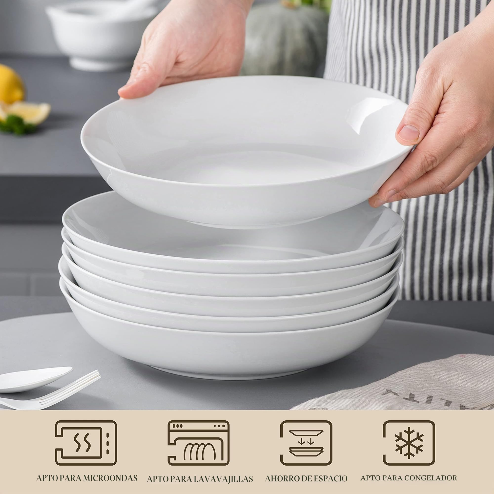 MALACASA Juego de 6 Cuencos para Pasta, 1200 ml Platos Hondos Sopa de Porcelana, Blanco Fuente Ensaladera Grande, Boles Desayuno para Ensalada, Pasta, Sopa y Frutas, Serie REGULAR