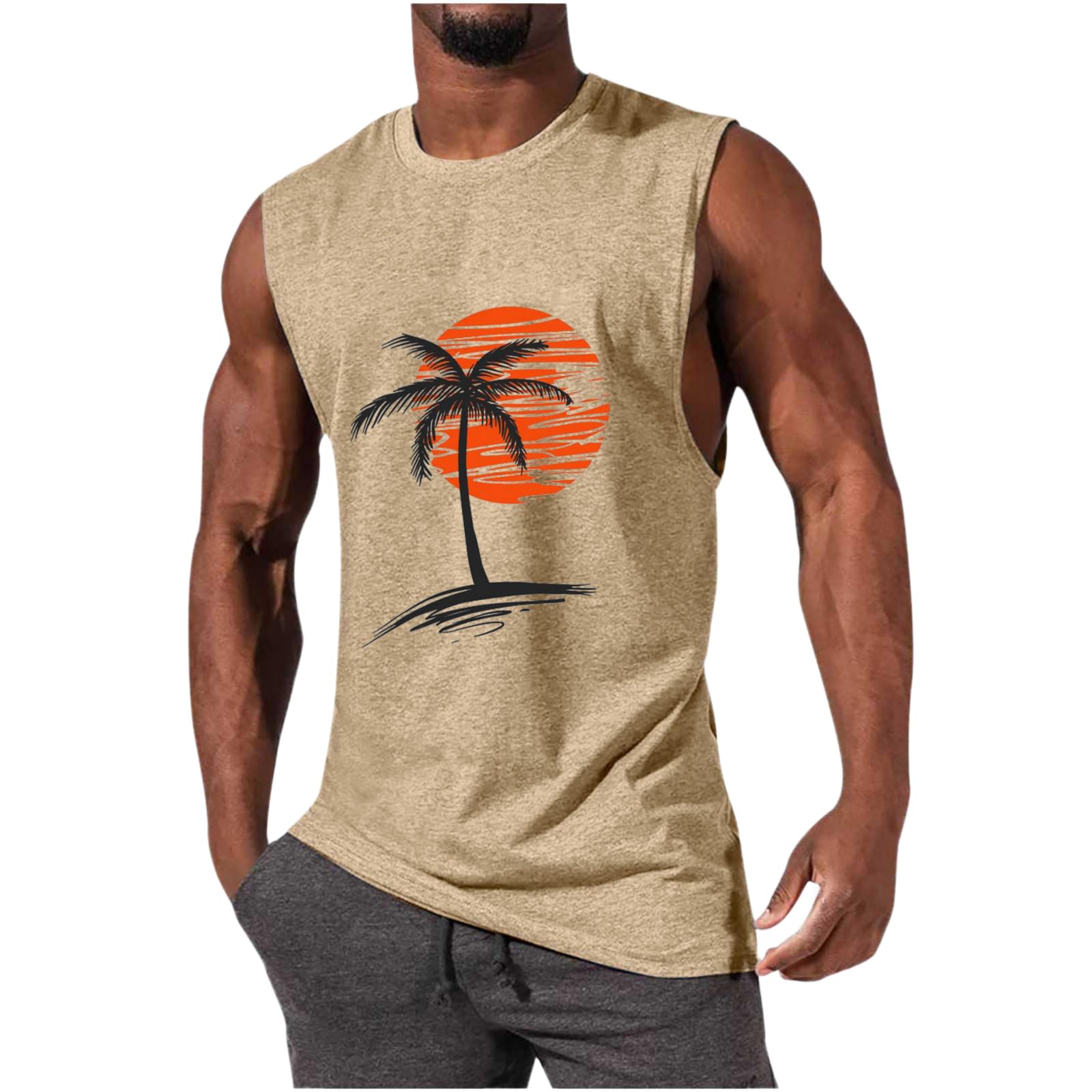 mens summer beach tank top hawaiian palm tree print sleeveless muscle basic tee vacation tops