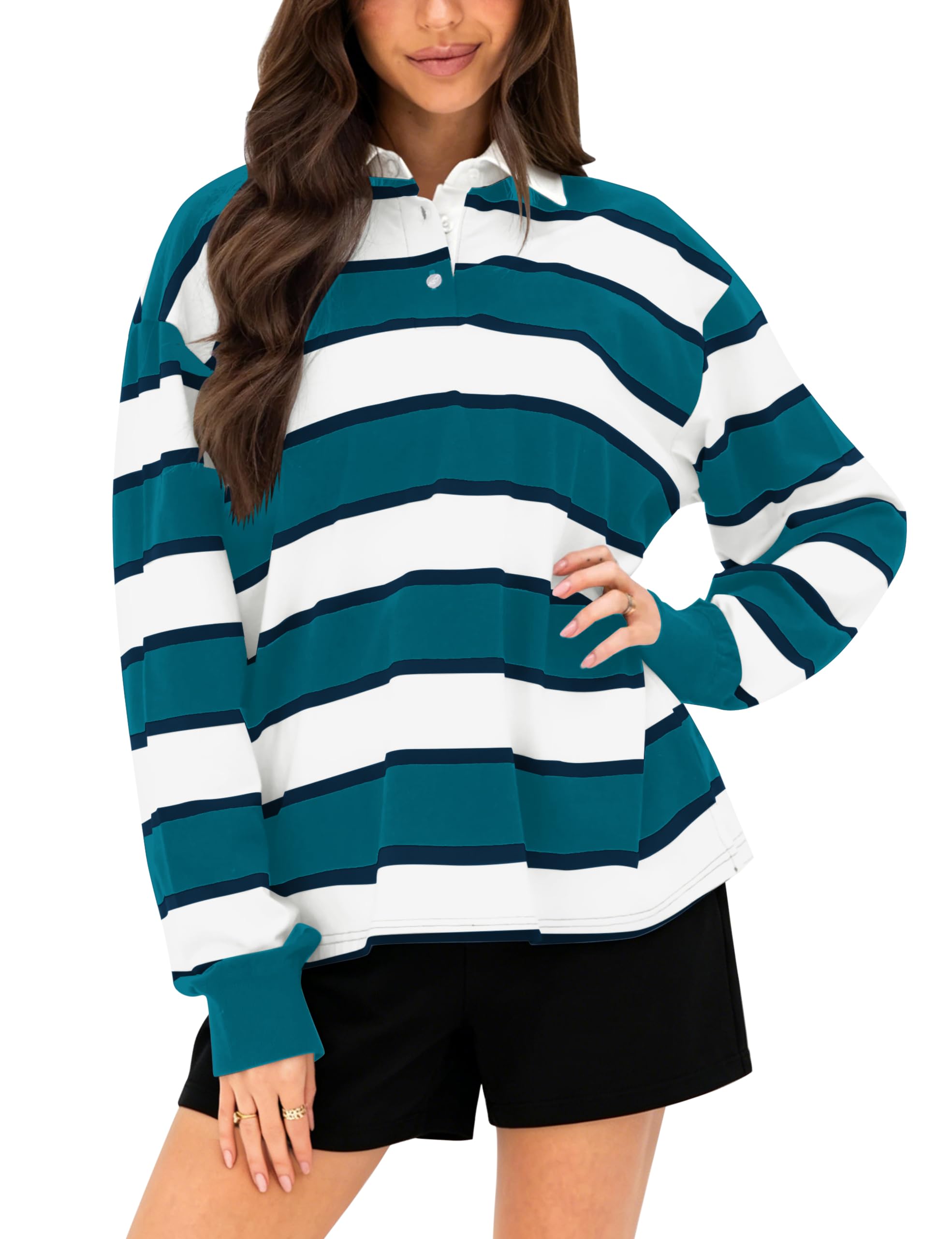 Lauweion Womens Rugby Shirt Long Sleeve Oversized Stripe Polo Shirts