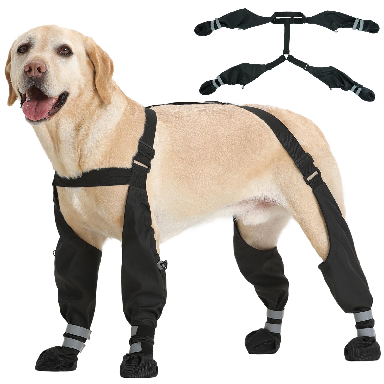 Pezluxe Dog Suspender Boots, Waterproof Anti-Slip Dog Rain Boots with Adjustable Strap for Small Medium Large Dogs, Reflective Paw Protector Pet Shoes for Outdoor Walking, Rain Snow Hiking, Black, L — view 11