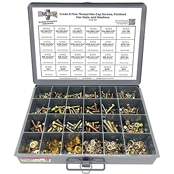 Grade 8 FINE Thread Hex Cap Bolts Screws, Finished Hex Nuts, Washers, Lock Washers Assortment Kit - 574 Pieces!
