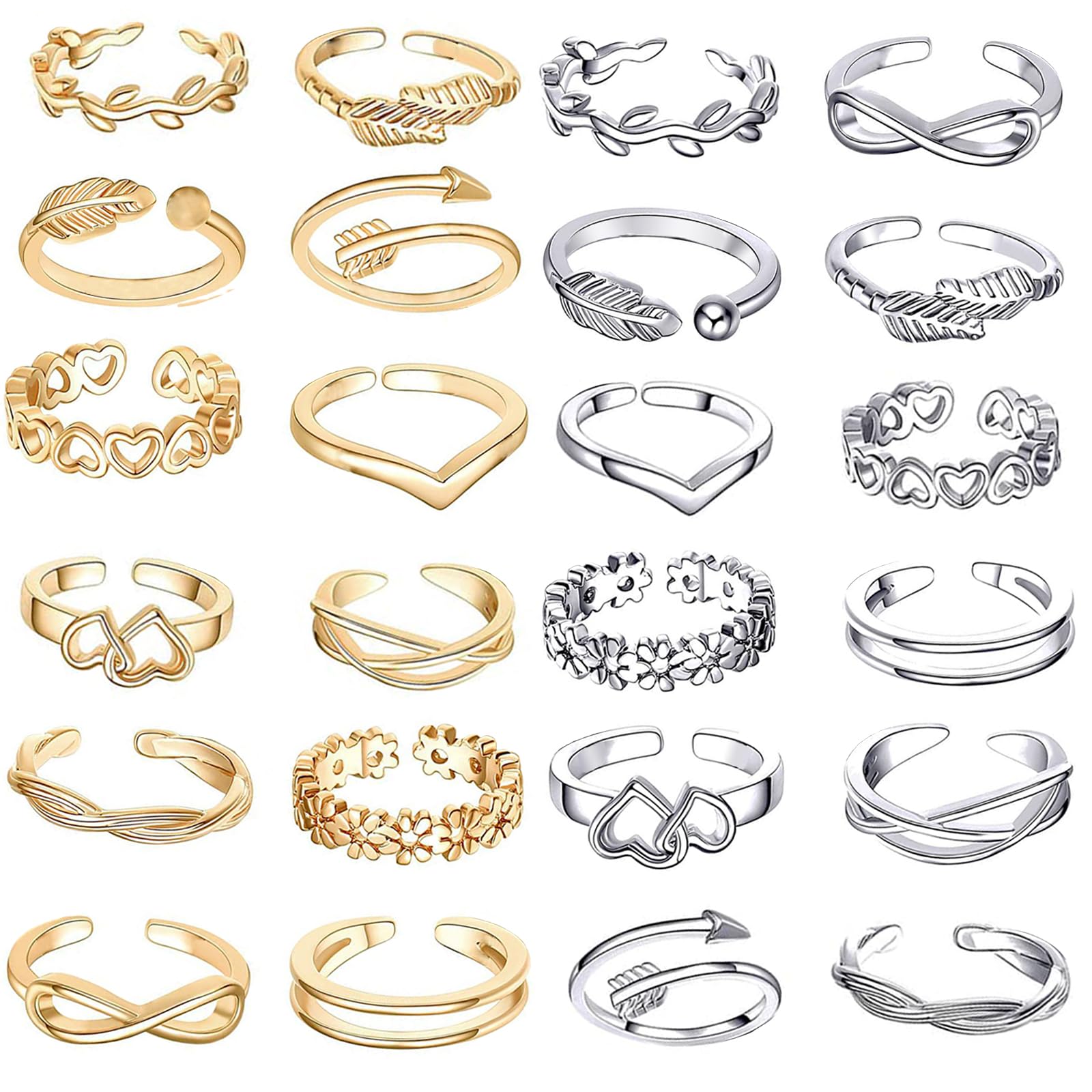 greatmh 24PCS Open Toe Rings for Women Stainless Steel Toe Rings Women Gifts, Stainless Steel, No Gemstone-picture-15