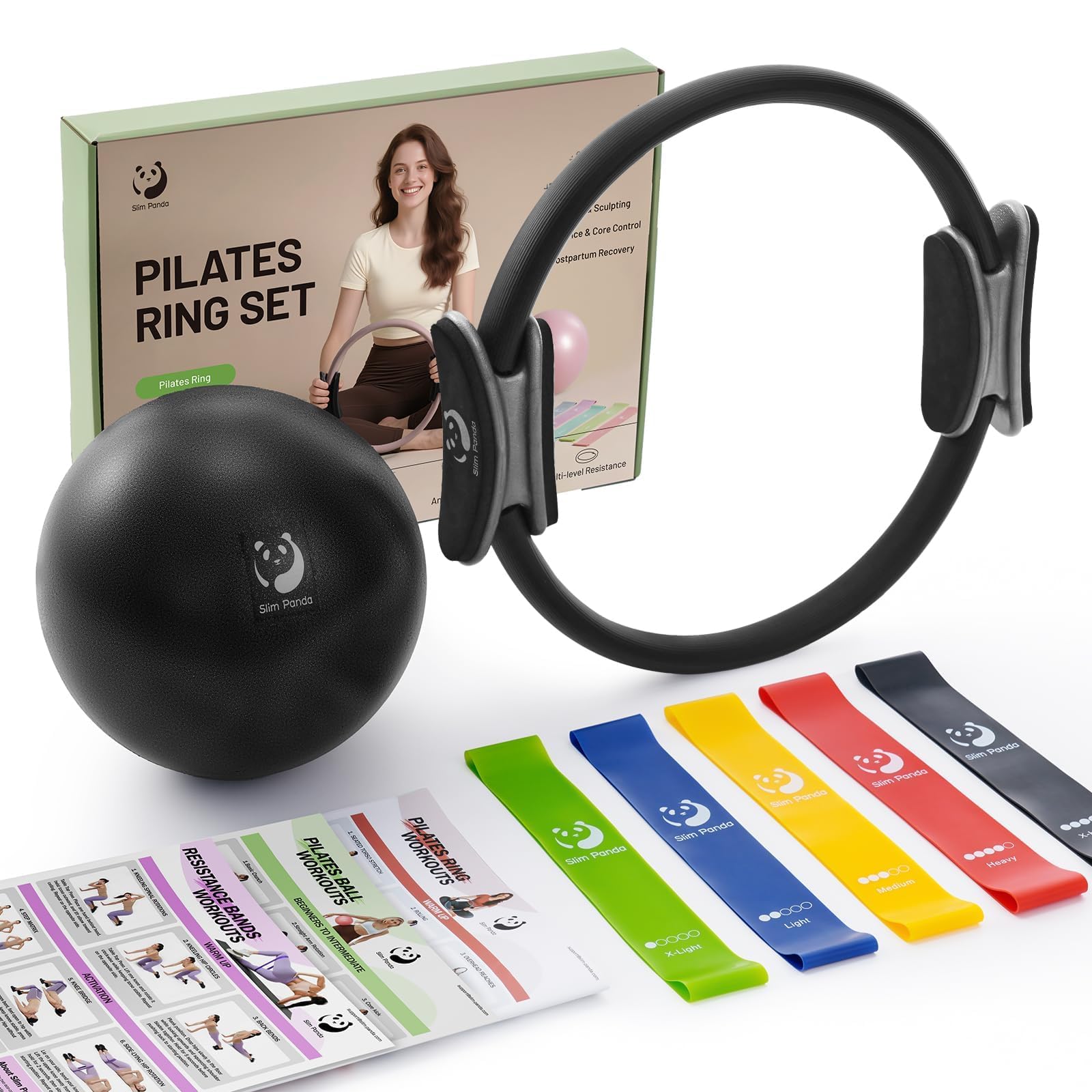 Slim Panda Pilates-Ring-Set, 35cm/14 Durchmesser, robuster Ring mit gepolsterten Griffen, inklusive Pilatesball, Widerstandsbändern, Anleitung und Tragetasche