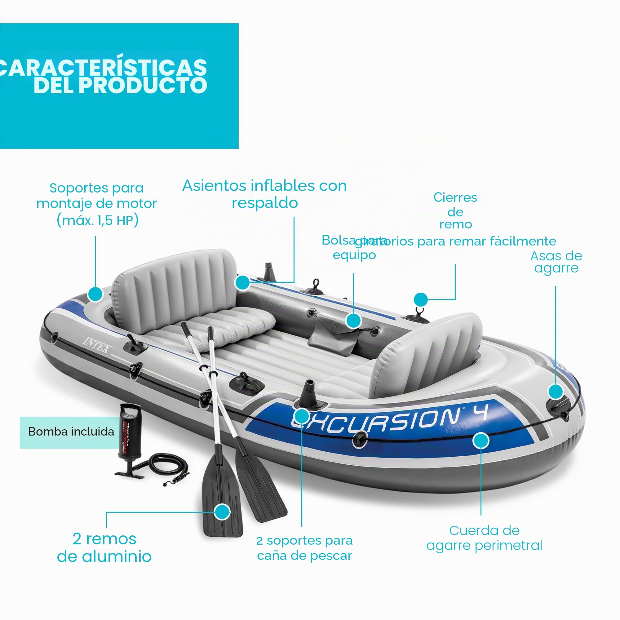 Intex Excursion - Serie de Botes inflables: Incluye remos de Lujo de 54 Pulgadas y Bomba de Alto Rendimiento, PVC superresistente, Asientos Ajustables con Respaldo, Soportes para cañas de Pescar,