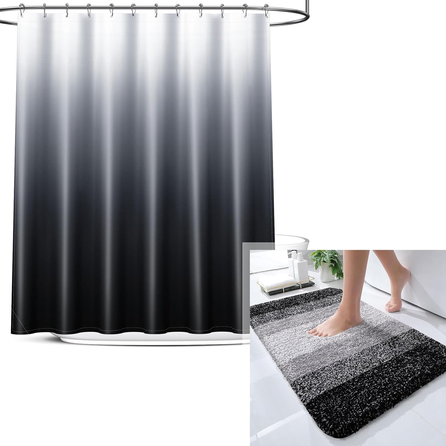OLANLY Ombre Bath Rug and Shower Curtain, Bath Rug Size 24x16 in Black and Shower Curtain 72x72 in Black Grey, 2 Item Bundle
