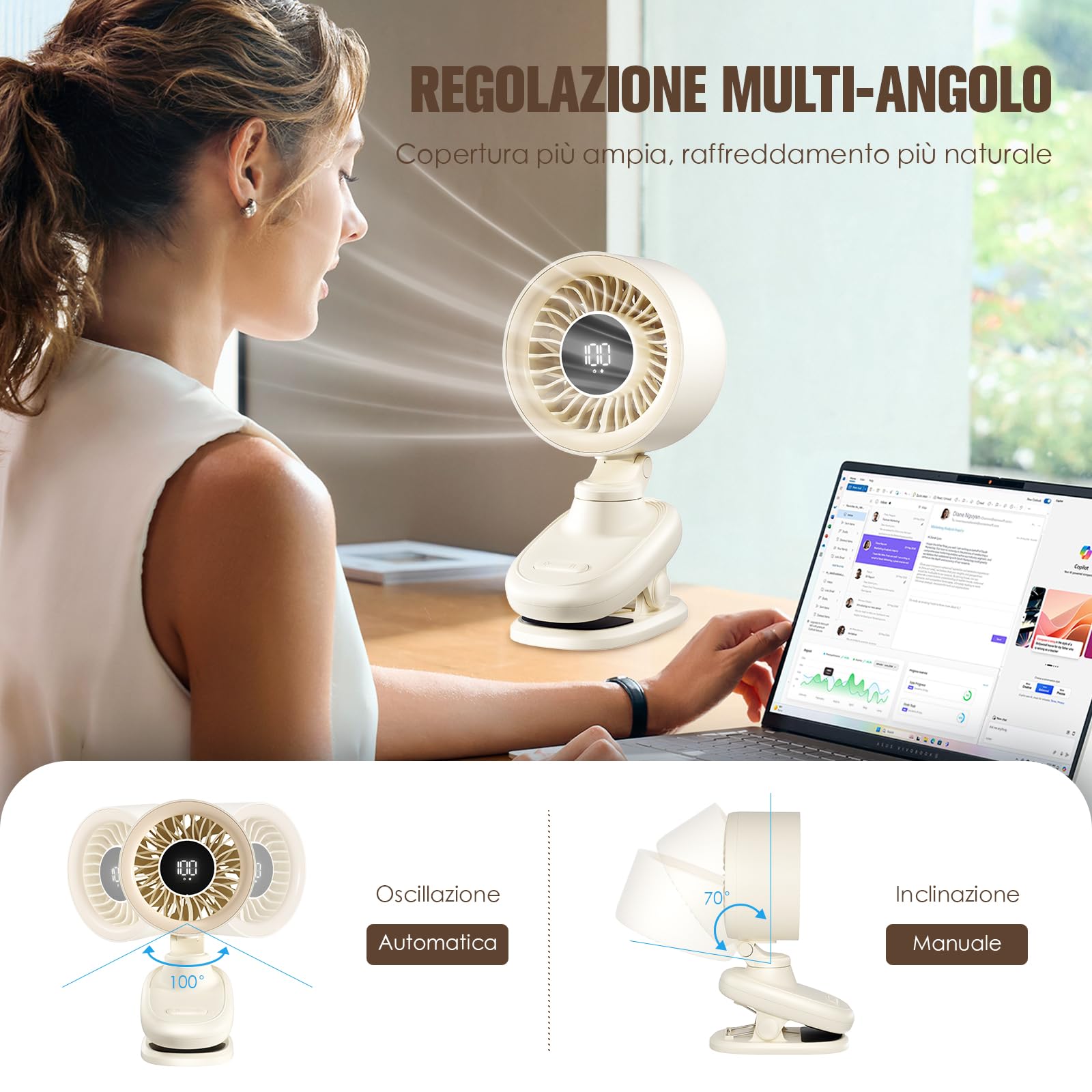 TRILINK Ventilatore da Tavolo USB con Pinza, Mini Ventilatore da Scrivania con Batteria Ricaricabile, Oscillazione, Timer, Velocità Regolabile Continua &Ultra Silenzioso, Piccolo Ventilatore Portatile