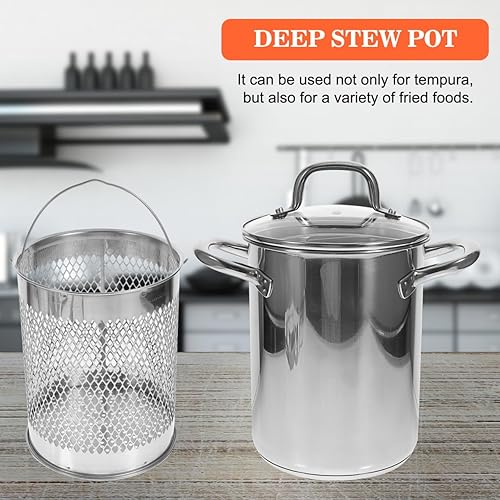 Miniatura 4 de Hemoton Olla de acero inoxidable con cesta de freír freidora de 11 pulgadas de profundidad para estufa, adecuada para estufas de gas y eléctricas,