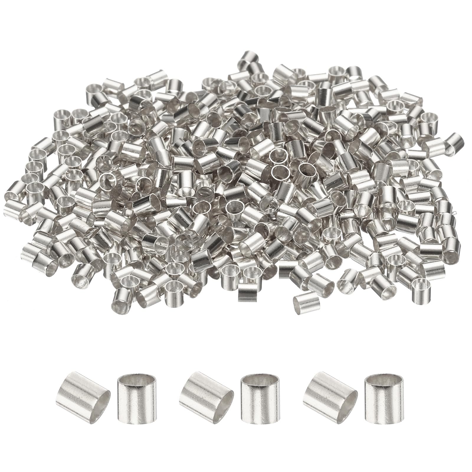 sourcing map 500 Pcs Tube Crimp Beads, 2.5x2.5mm Copper Crimp Beads End Stopper Tiny Loose Spacer for Earrings Necklaces Bracelets Pendant DIY Crafts, Silver