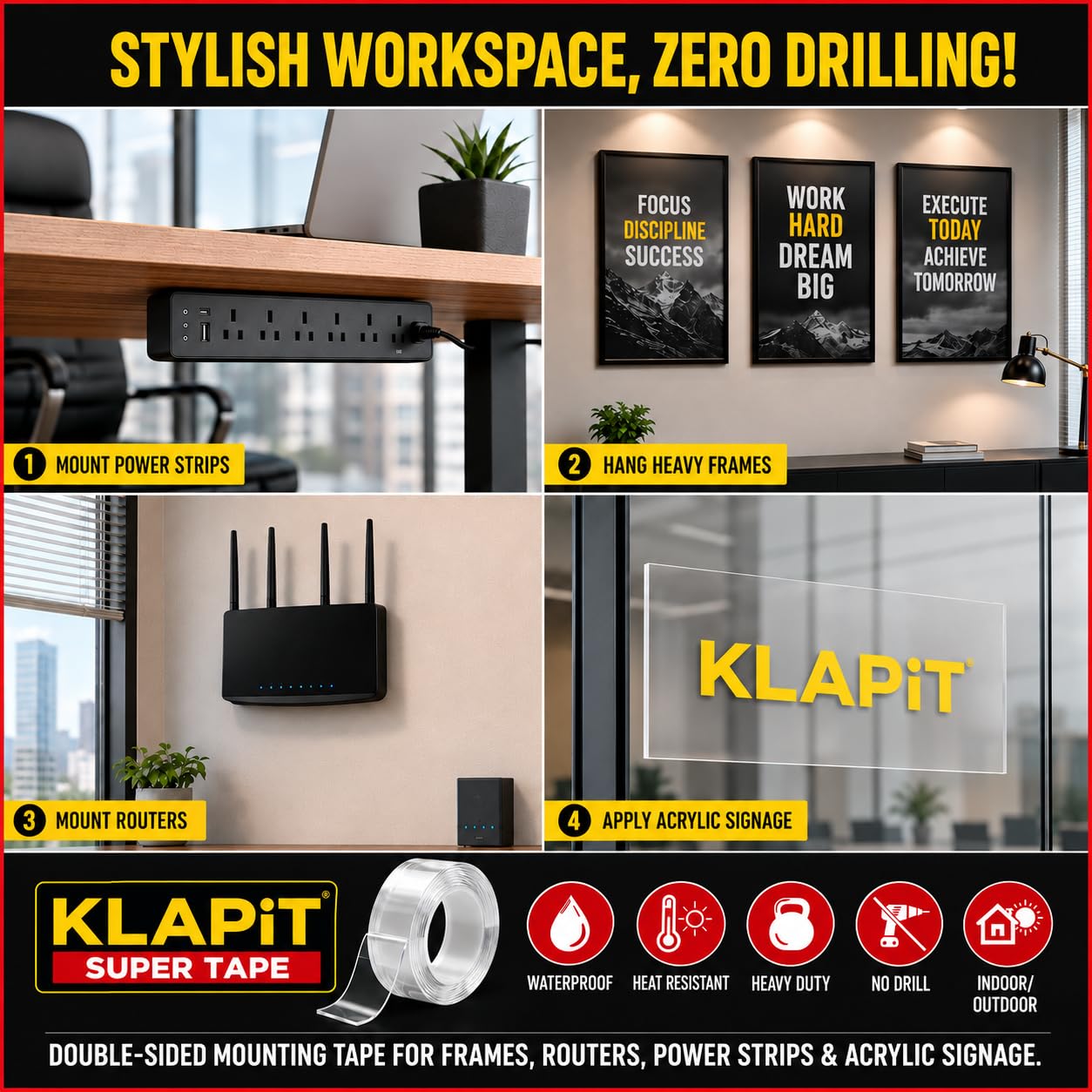 KLAPiT Super Tape | Clear Double-Sided Nano Tape (1M Holds 41Kg) | Heavy Duty Strong Adhesive for Wall, Tile, Glass, Metal | Indoor Outdoor Mounting Tape - Tough1M 2