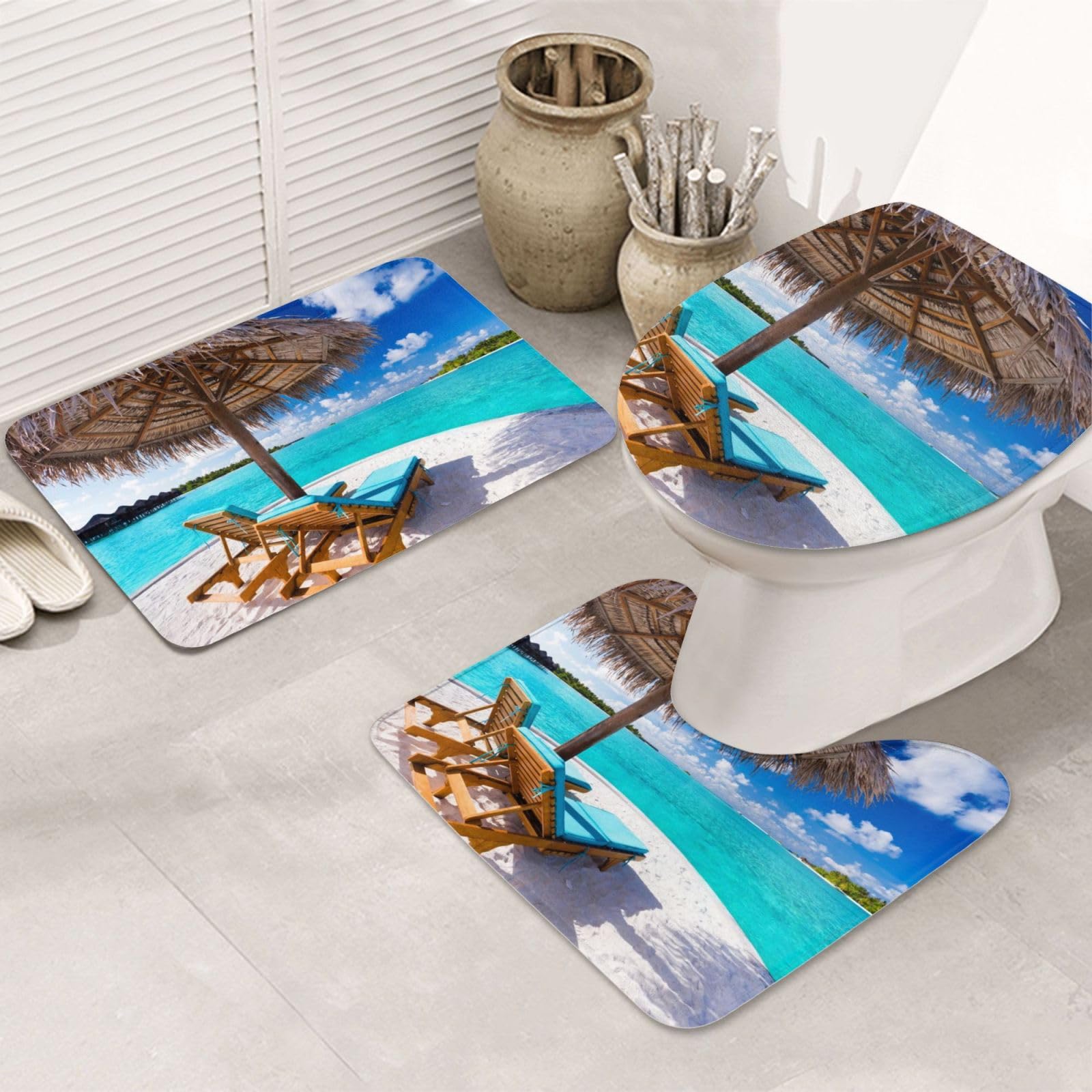 Lot de 3 tapis de salle de bain tapis antidérapant forme U couvercle toilette plage