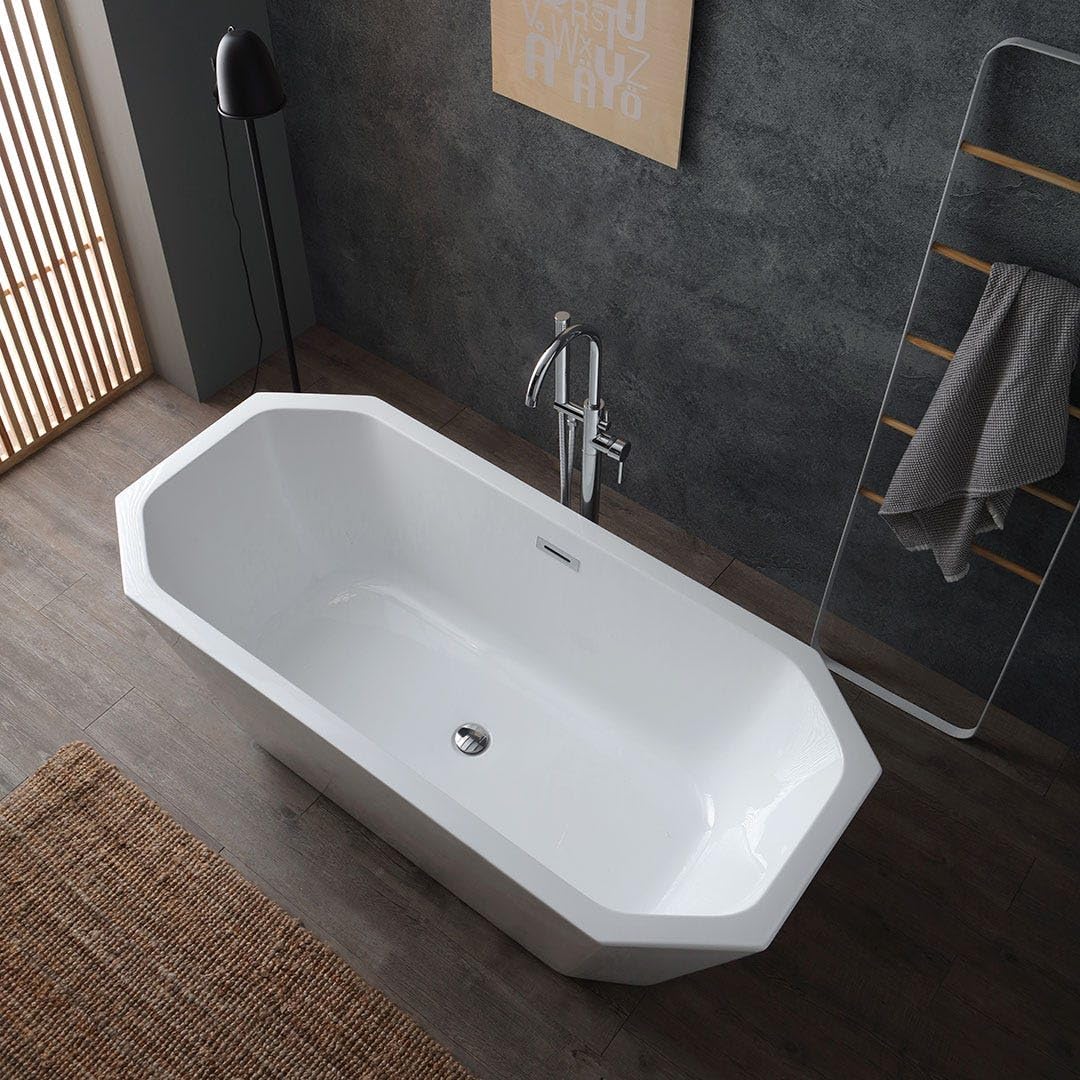 Kiamami Valentina Bañera Central acrílica Octogonal Blanca Betty | 161 x 74 x 56 cm (largo x ancho x alto), orificio de rebosadero, desagüe incluido, diseño moderno para baño
