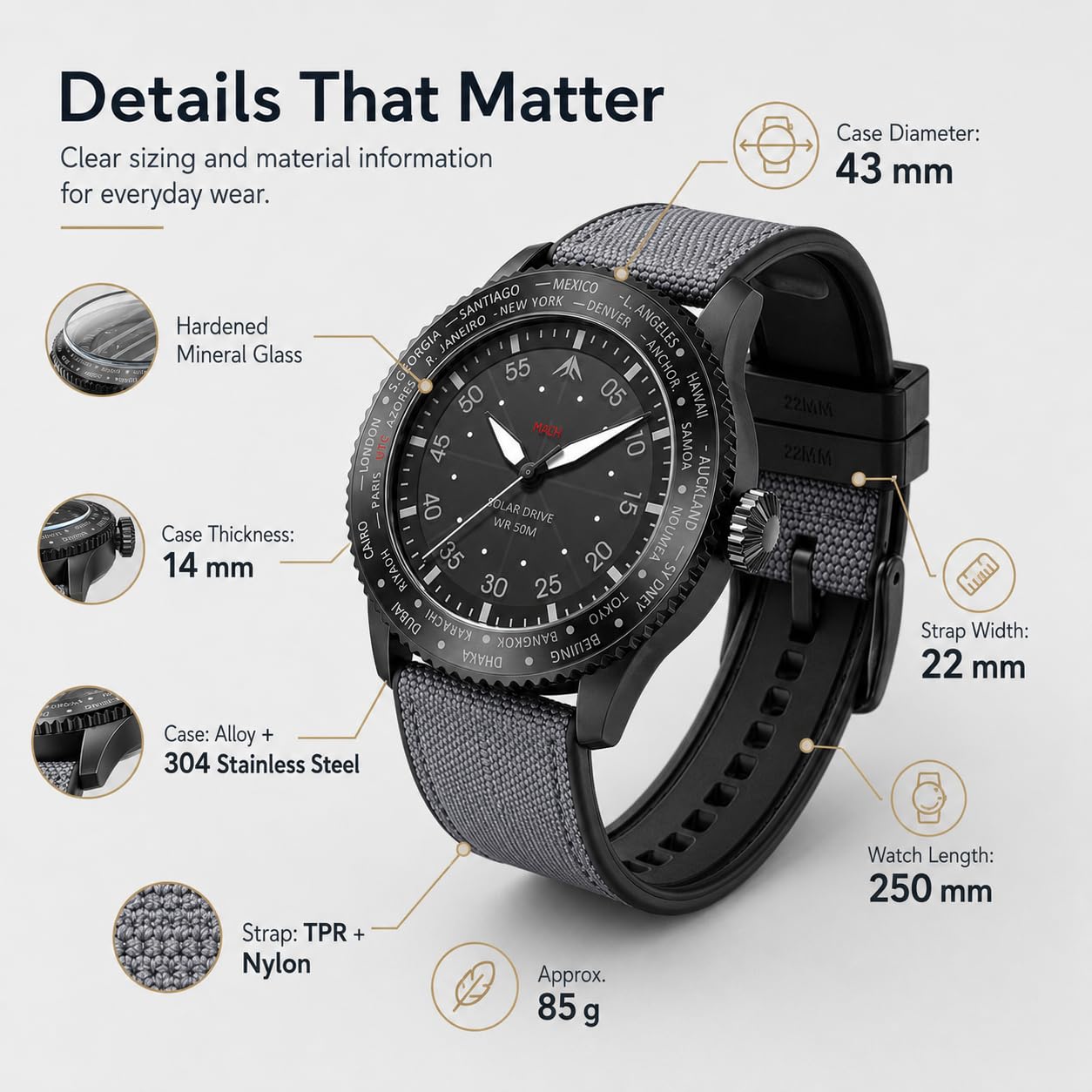 North Edge Mach Watch pilota orologio a energia solare per uomini 50m cronografo visione notturna che dura fino a 180 giorni solare