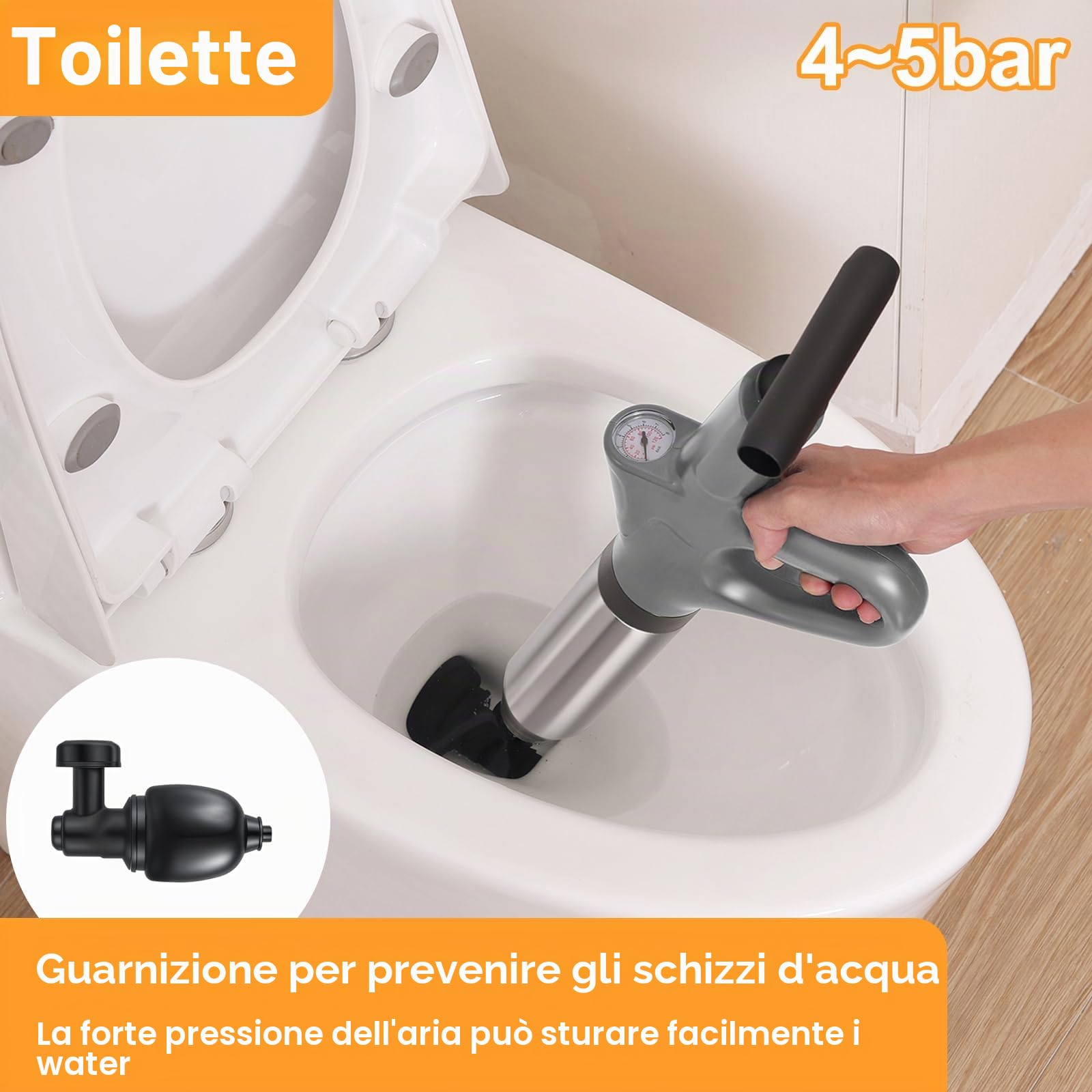 Pompa Stura Scarichi a Pressione, Sturatubi Aria Compressa con Barometro, Sturalavandini a Pressione con Quattro Diverse Ventose per Bagni Servizi Igienici Lavabi