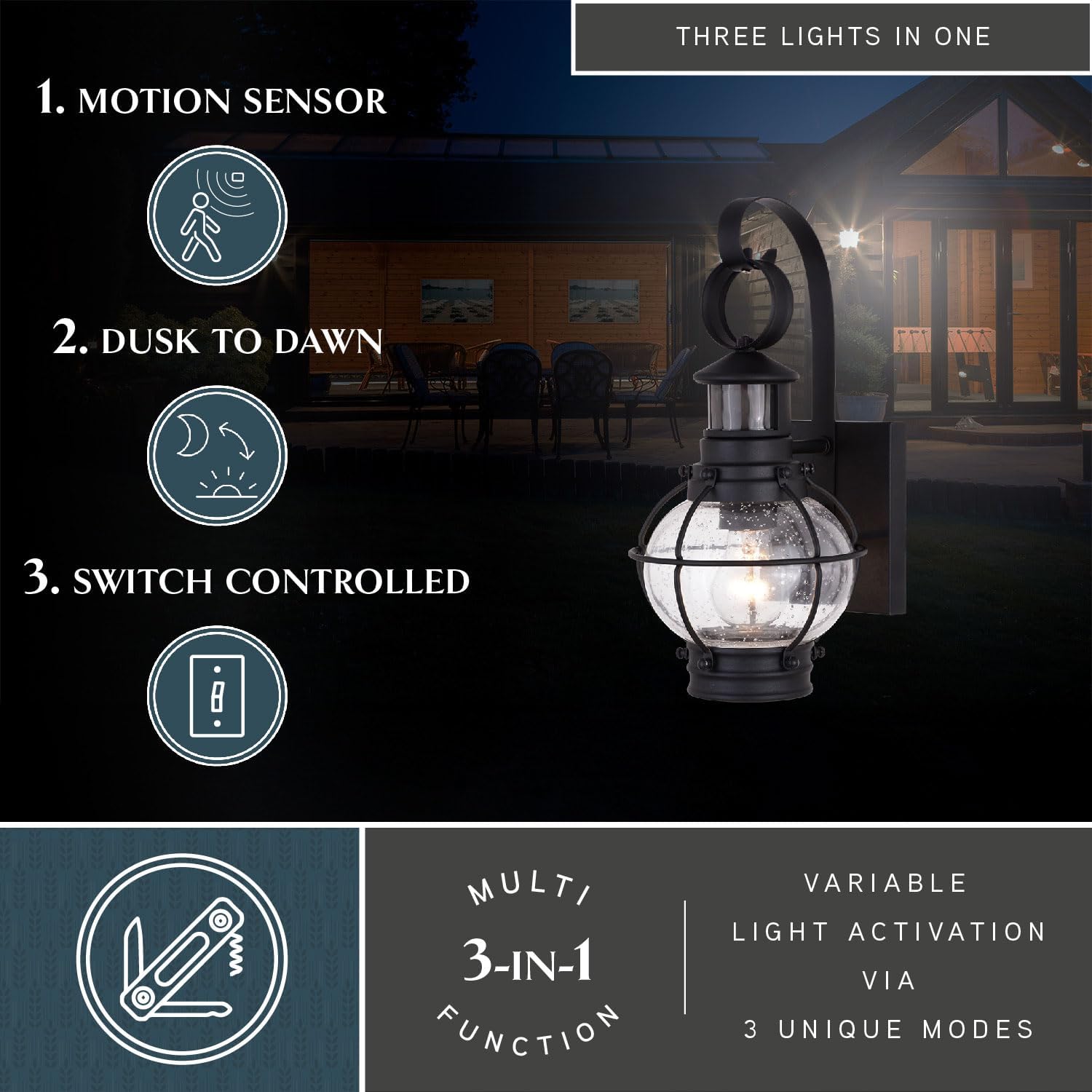 VAXCEL Chatham Black Coastal Motion Sensor Dusk to Dawn Outdoor Wall Light Clear Glass