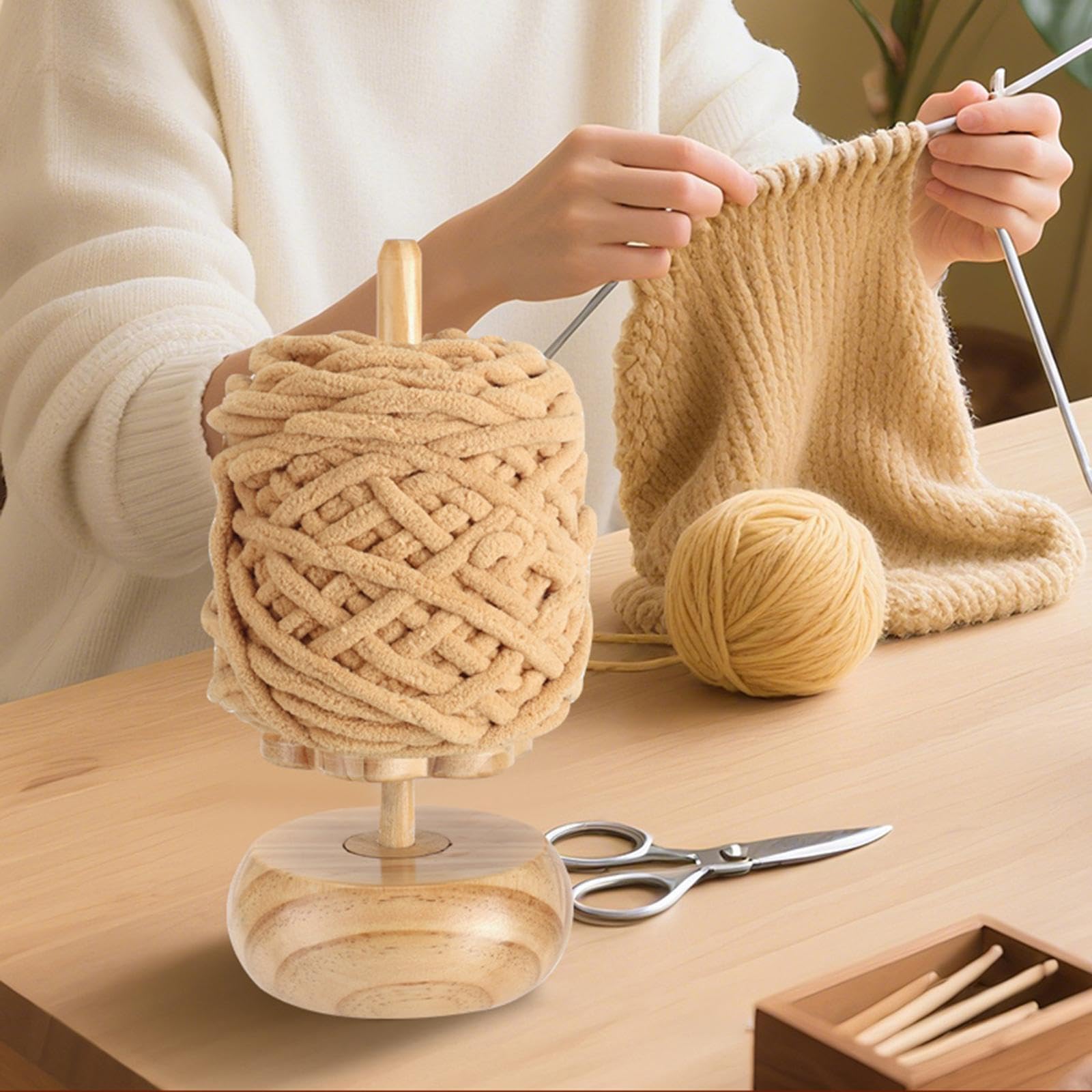 Garnhalter Spindelspender Garnspinner für Häkeln und Stricken Aufbewahrungsbox mit Deckel- Holzfarbe
