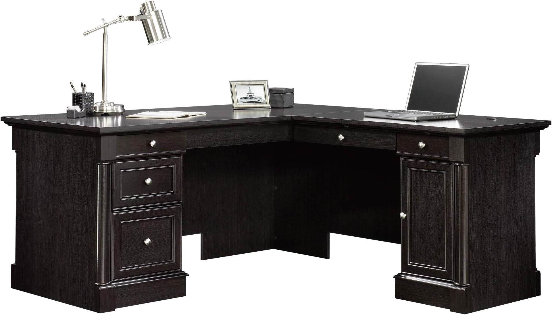 Sauder Palladia L Shaped Desk with Drawers, Office Desk with File Cabinet Storage, Cable Management, Keyboard Tray, in Wind Oak Finish