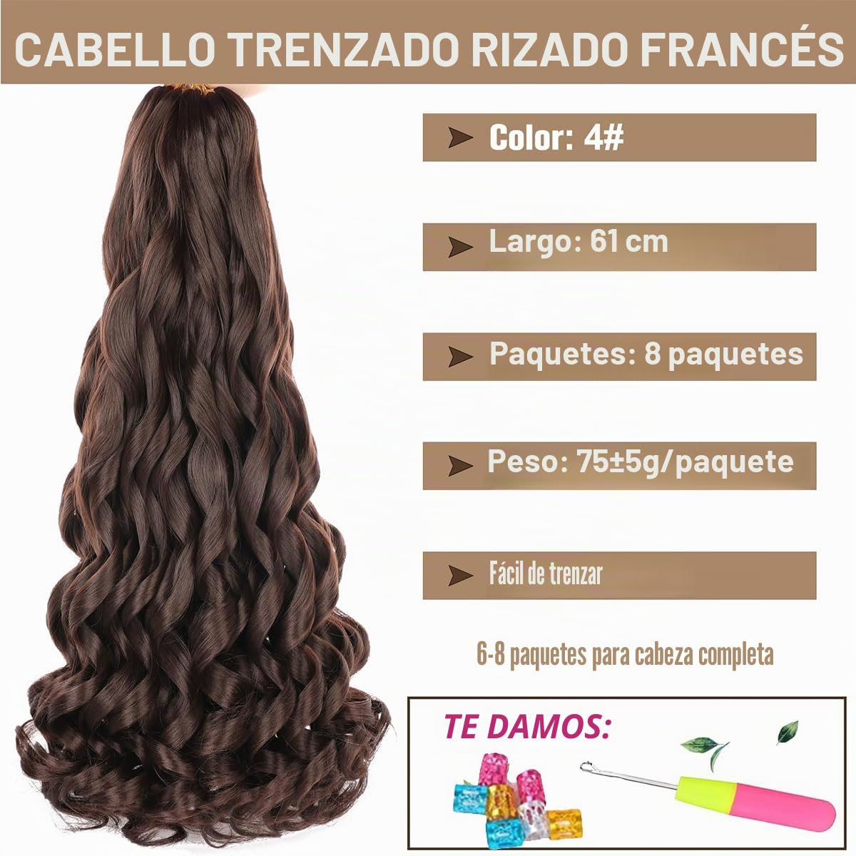 8 Packs French Curl Braiding Hair 24 Inch Loose Wave Spiral curly braiding hair extensions 75g/Pack Soft French Curls Synthetic Hair Extensions for Braiding（4#）