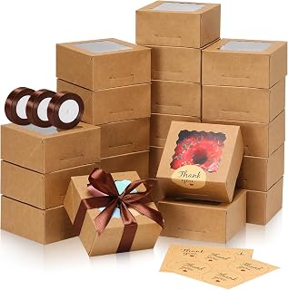 4x4x2 Auto-Popup Small Cookie Boxes with Window, Brown, 60 Pack | Pop-up Mini Bakery Boxes with Ribbons & Stickers for Treats, Desserts, Chocolate Covered Strawberries, and Party Favors