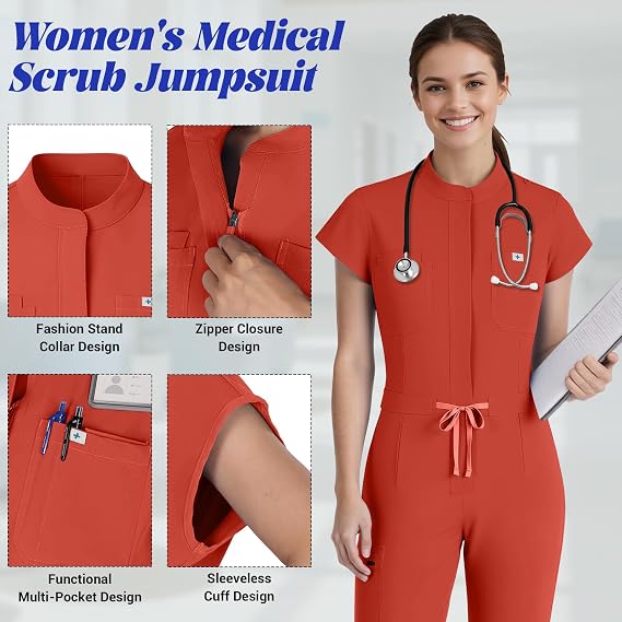 Scrubs for Women Medical Scrub Jumpsuit, Medical Uniform with Stand Collar & Sleeveless Design