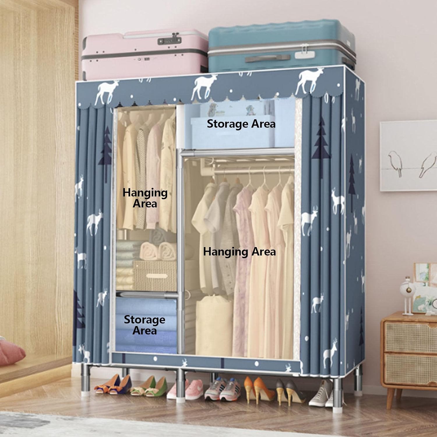 Wardrobe, Portable Canvas Wardrobe Shelves with Hanging Rail and Fabric Cover, Clothes Closet Storage Organizer for Bedroom,A-110x45x170cm