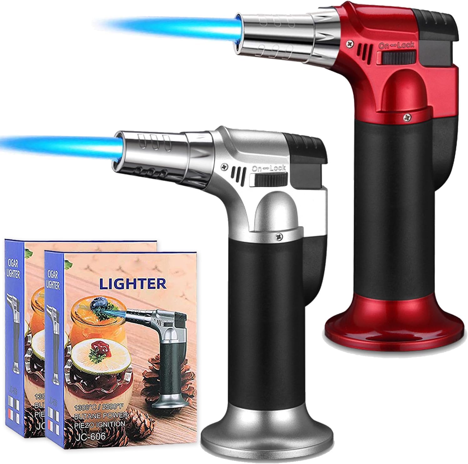 2 Pack Butane Torch, Refillable Blow Torch Lighter, Kitchen Butane Torch with Lock Adjustable Flame for Cooking, BBQ, Brulee Creme, Baking(Butane Gas not Included)