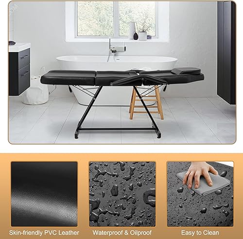 Miniatura 6 de Cama de belleza, mesa de masaje ajustable de 3 secciones para tatuaje, cama de salón con taburete hidráulico giratorio de 360 grados, cama de masaje