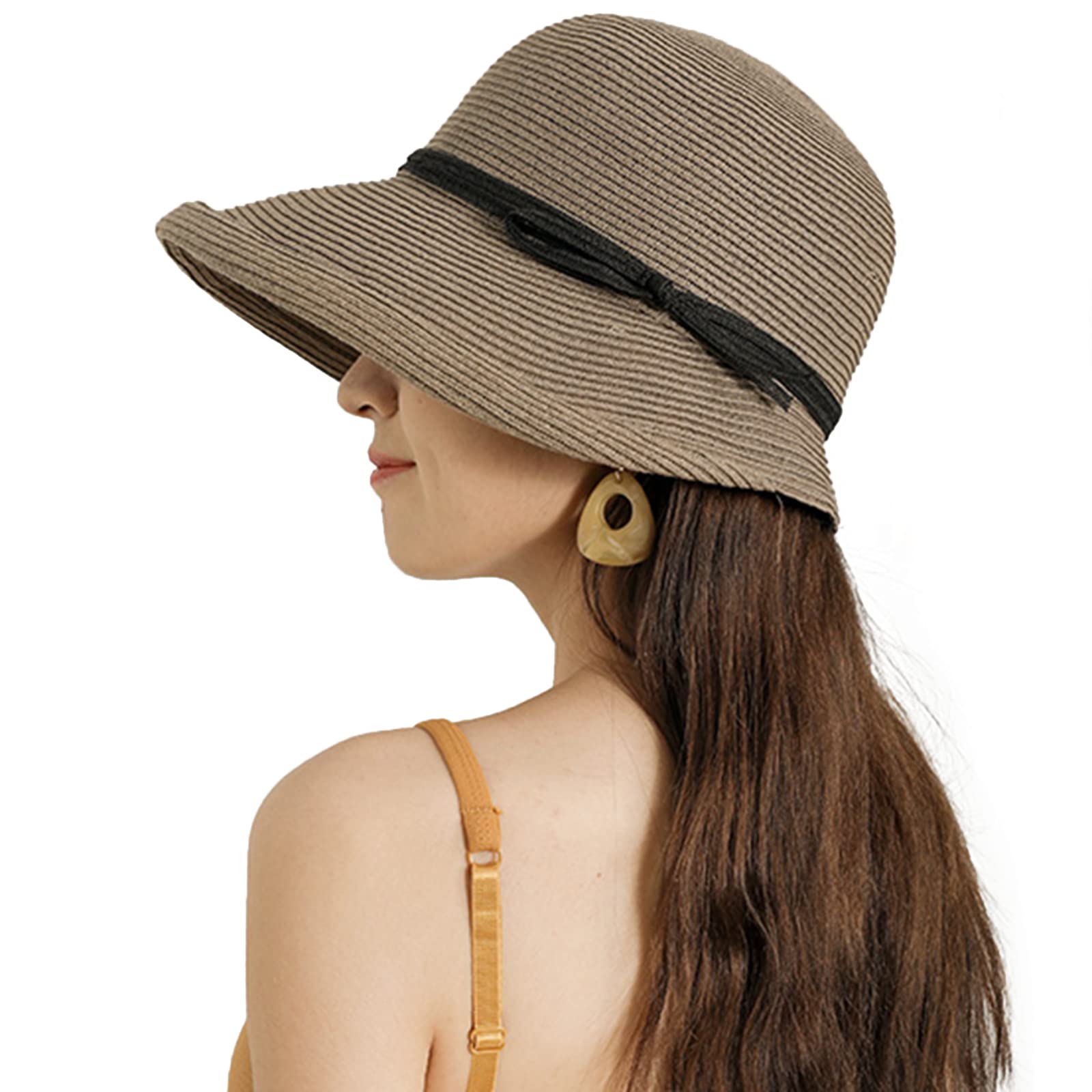 Driono Women's Brown Straw Hat - Style Fashion Summer Cloche Beach Fedora Trilby Hat Panama Sun Hat, Medium