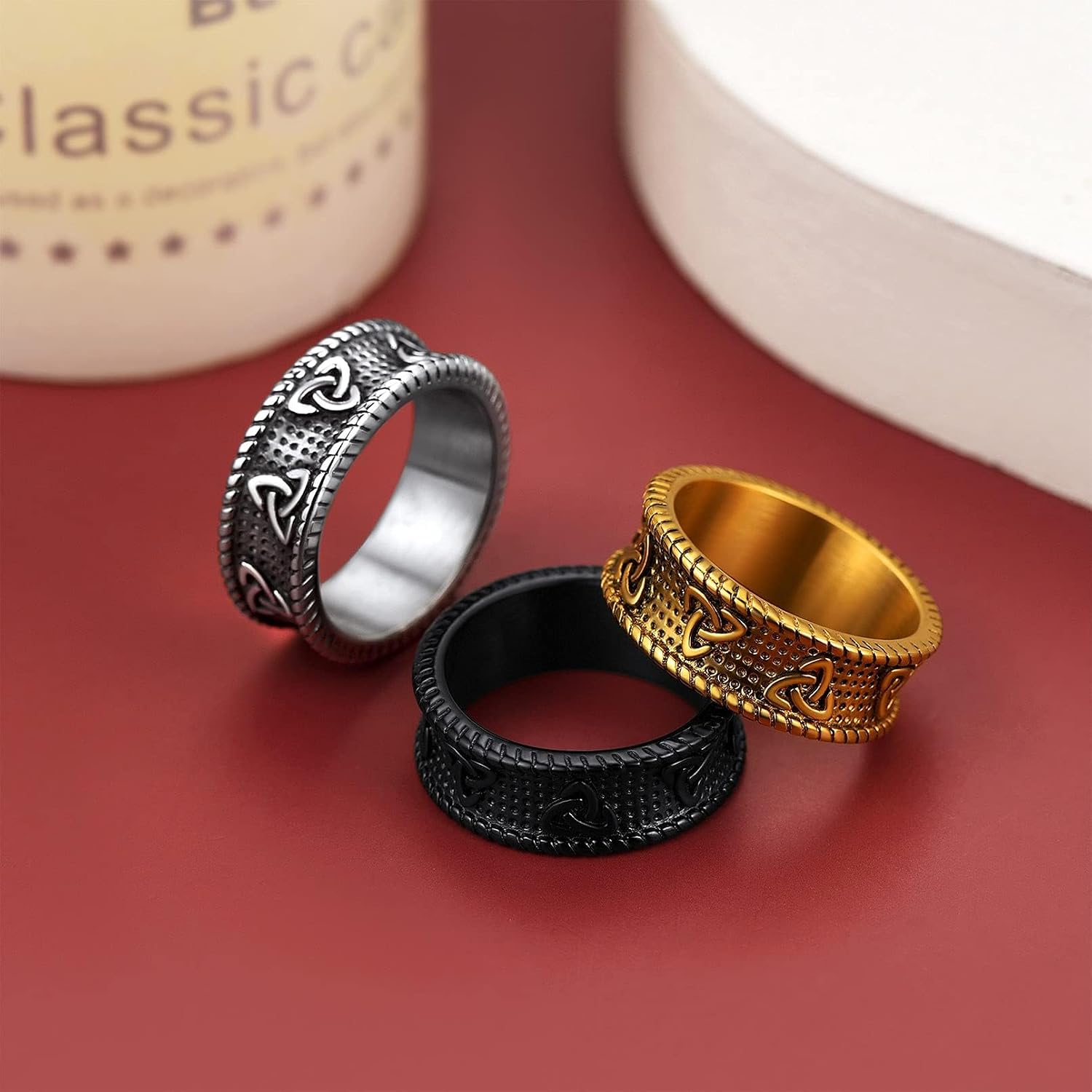 FaithHeart Celtic Knot Band Rings for Men Women, Stainless Steel/18K Gold Plated Viking Wedding Bands with Delicate Gift Packaging