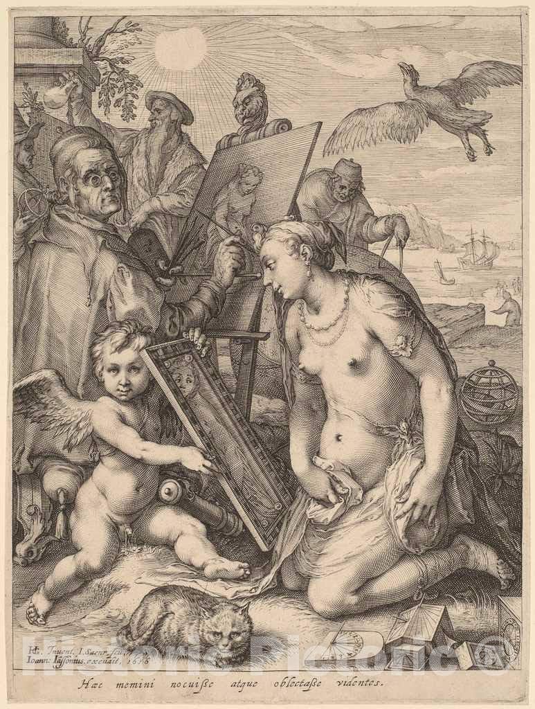 Art Print : Saenredam, After Goltzius, Artist Painting a Nude Woman: Allegory of Visual Perception, 1616, Historic Wall Décor : 11in x 14in