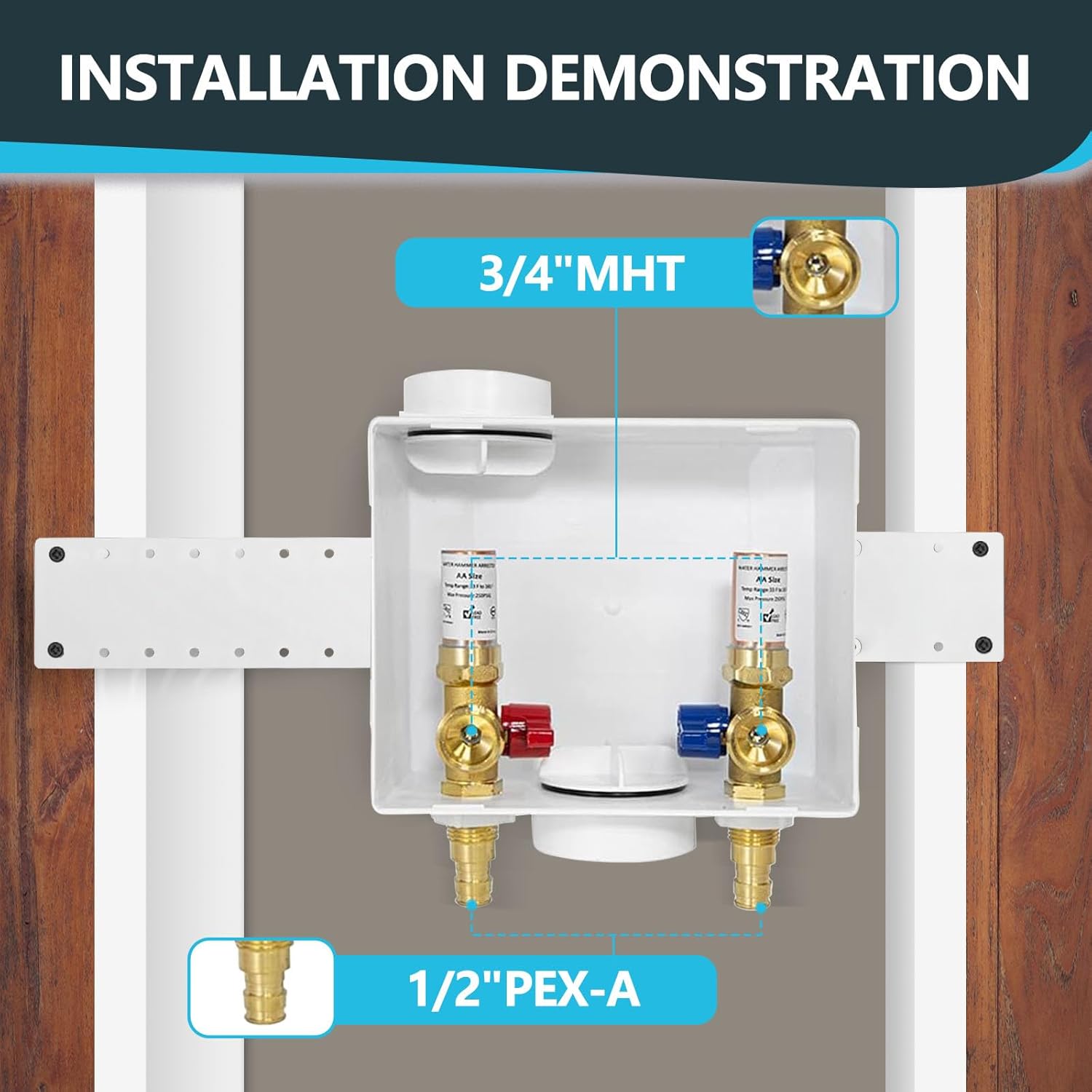 Washing Machine Outlet Box, Center Drain/Side Drain, 1/2 Inch Pex-A Inlet x 3/4 Inch MHT Outlet Connection, Laundry Washer Valve Outlet Box, with Copper Water Hammer Arrestor(WM013)