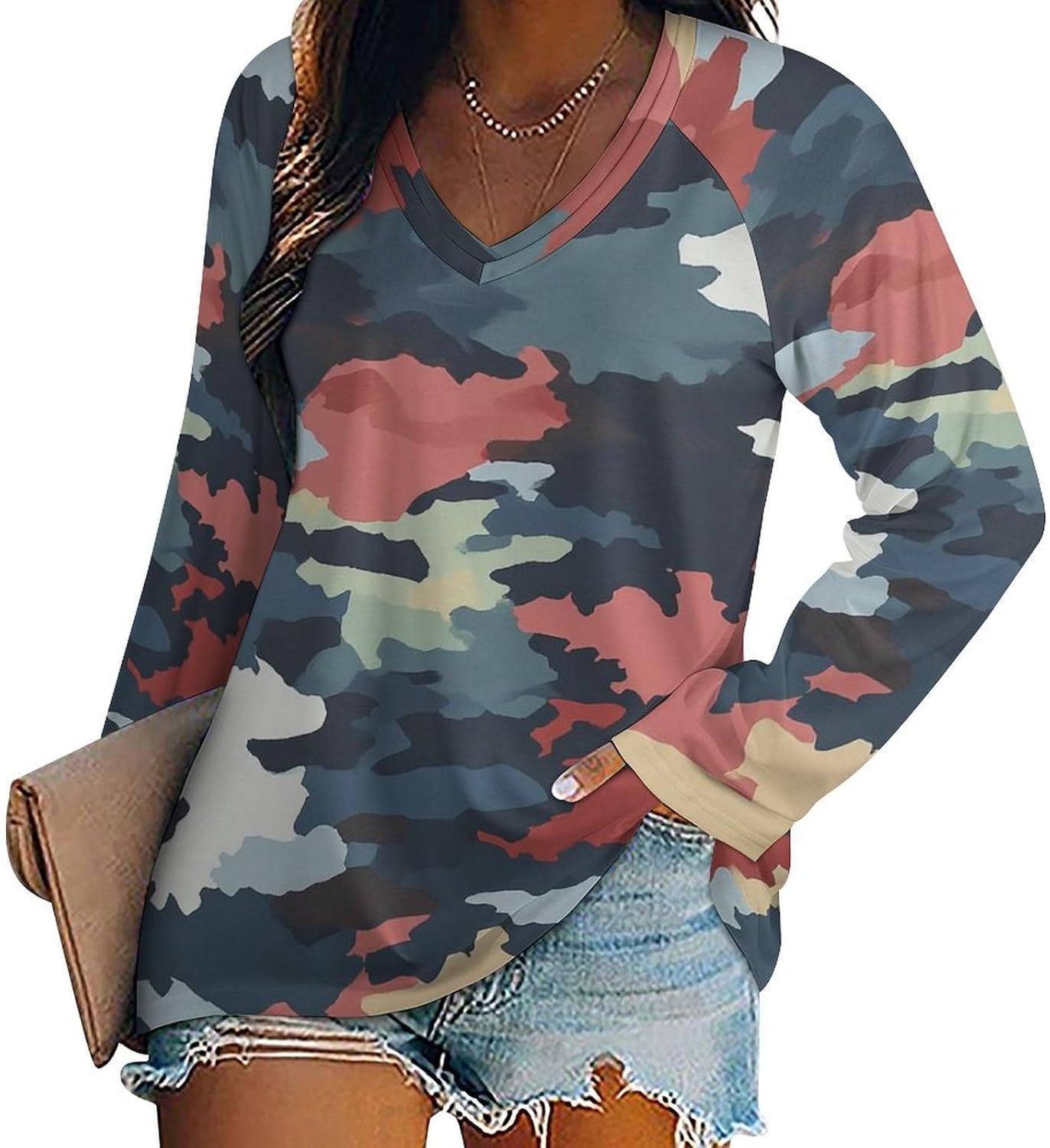 BIVENANT Womens Camo Shirt Long Sleeve Plus Size Camouflage Tshirt V Neck Blouses for Women Fashion Sweatshirts