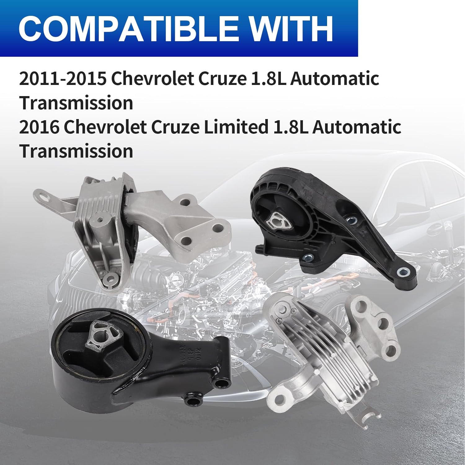 4PC Engine Motor Trans Mounts Set (3223 3265 3240 3196) - Hydraulic Vibration Dampening - Fits 2011-2016 Chevy Cruze 1.8L & 2016-2019 Cascada 1.6L - Automatic Trans Only
