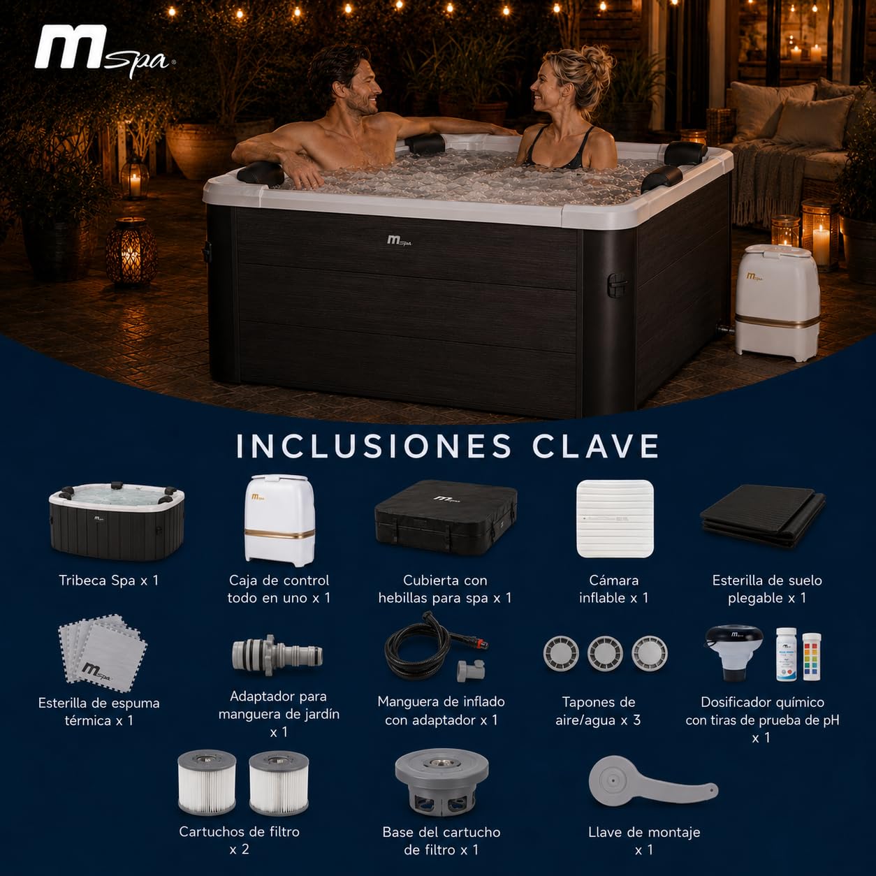 MSpa Tribeca SPA rígido Cuadrado 4-6 Personas con 120 chorros Aerojet, 8 Jets de Agua, LED, UVC+, ozono y Control Inteligente