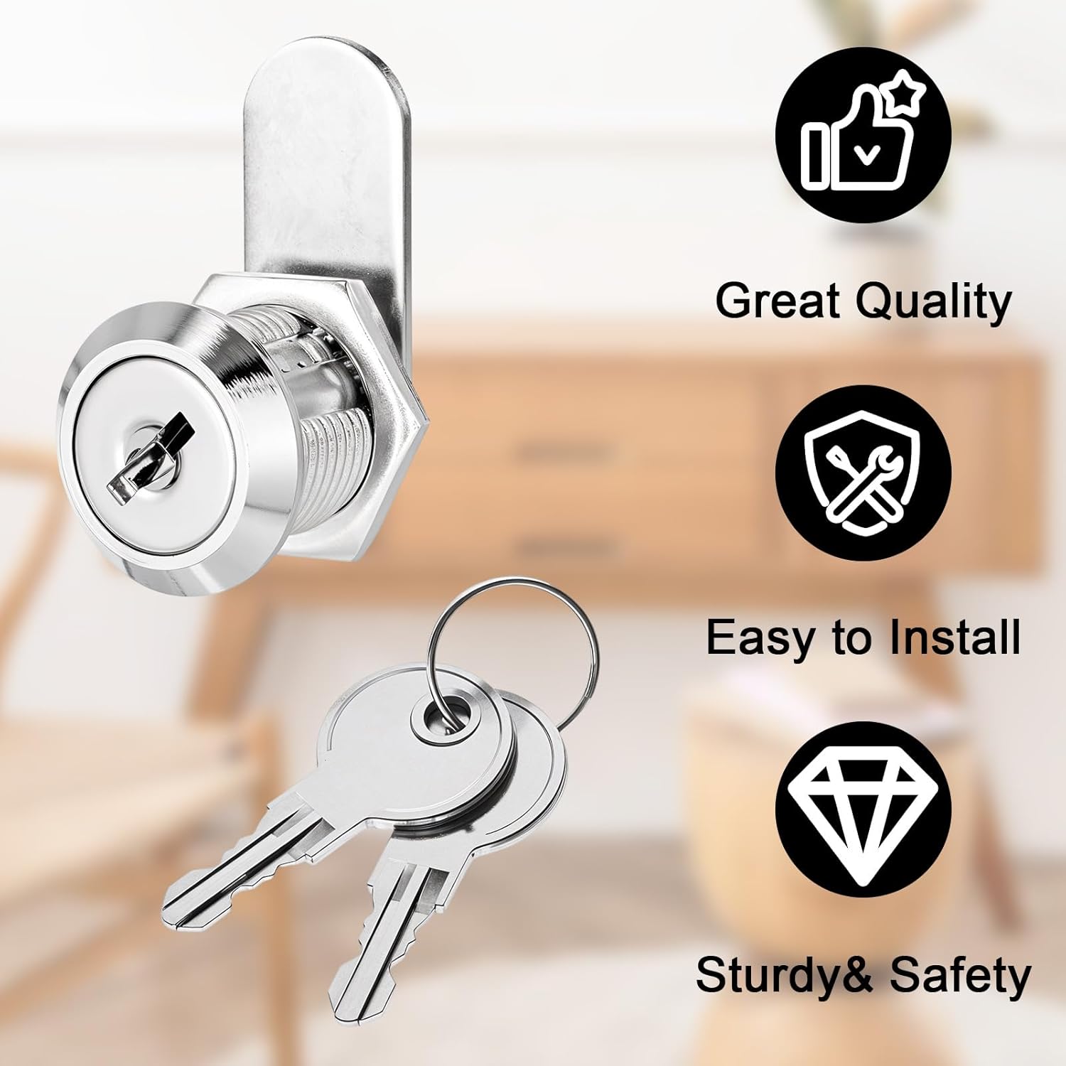 1 Pack Cabinet Locks, 5/8" Keyed Alike Cam Lock Safe Desk Drawers Mailbox Truck Tool Box Replacement Locks with Keys for File Cabinet, Trailer, Desk Storage, Door (Zinc Alloy)