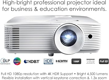 Optoma EH412 1080P HDR DLP Professional Projector | Super Bright 4500 Lumens | Business Presentations, Classrooms, and Meeting Rooms | 15000 Hour Lamp Life | 4K HDR Input | Speaker Built in , White