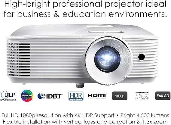 Optoma EH412 1080P HDR DLP Professional Projector | Super Bright 4500 Lumens | Business Presentations, Classrooms, and Meeting Rooms | 15000 Hour Lamp Life | 4K HDR Input | Speaker Built in , White
