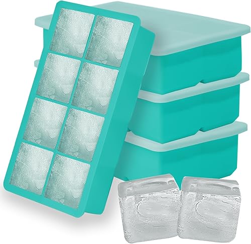 NueZoo Bandeja grande para cubitos de hielo, paquete de 4 moldes de silicona para cubitos de hielo con tapa, 2 pulgadas, cuadrada, 8 cubos de hielo