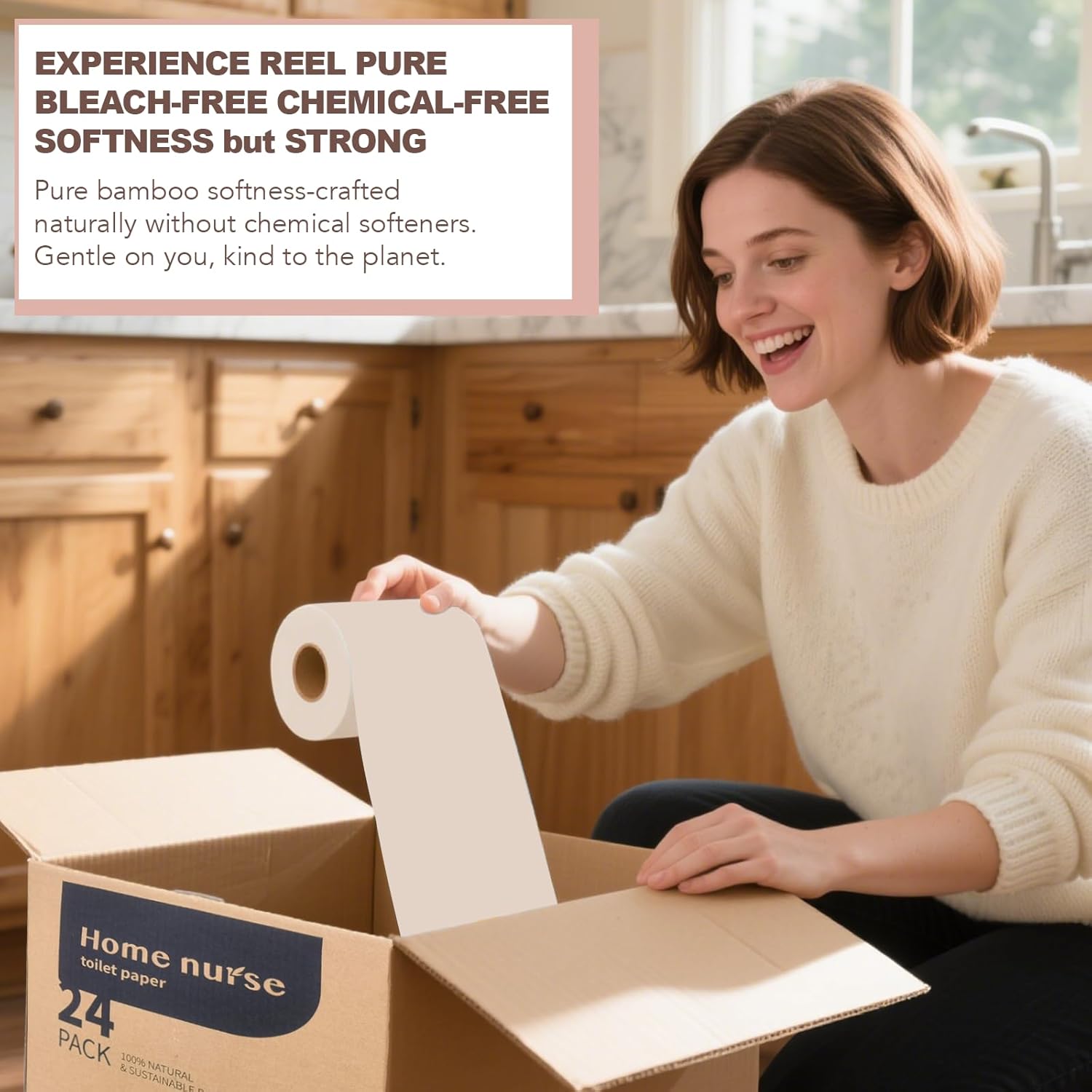 Home Nurse 4-Ply Bamboo Toilet Paper 12 Rolls, Unbleached Septic Safe Toilet Paper, No Lint Strong Chemical Free Tree Free Compact Bath Tissue | Skin-friendly, Quick dissolving, High absorbency, Space-saving compact, Plastic-free package