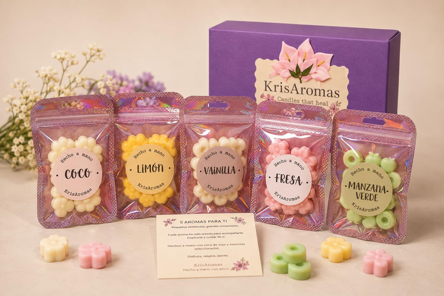Genérico Wax Melts, Ceras aromaticas artesanales, 5 Aromas (Coco, limón, Vainilla, Fresa, Manzana Verde) | Cera de Soja perfumada | Hechos a Mano | Incluye Quemador | KrisAromas