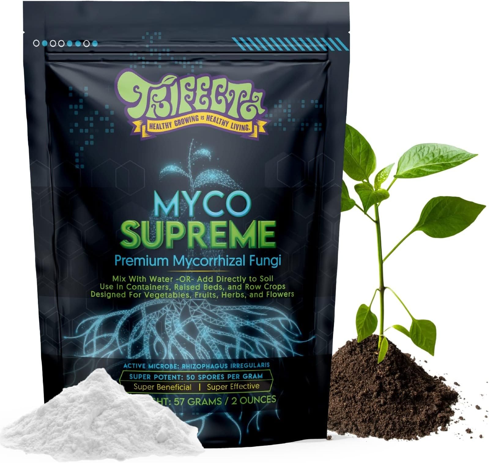 Trifecta Mycorrhizal Fungi Root Enhancer for Plants - Bigger, Stronger, Healthier Roots, Use in Soil and Mycorrhizae Hydroponic - Super 20X Concentrated - Myco Supreme (57 Grams / 2 OZ)