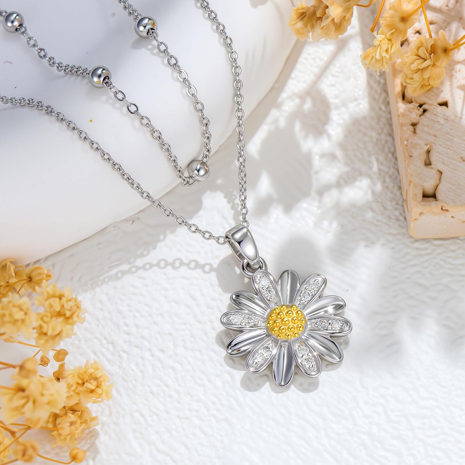 Diamond Daisy Layered Necklace S925 Sterling Silver Daisy Flower Pendant Necklaces with Lab Grown Diamond Jewelry Gifts for Women - Image 3