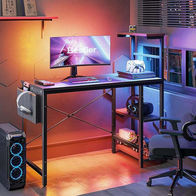 Bestier Computer Desk with Shelves Small Corner Desk with LED Lighting 113CM Reversible Computer Desk Writing Table with Side Pocket Storage Bag & Accessories Hanger for Home Office Small Space