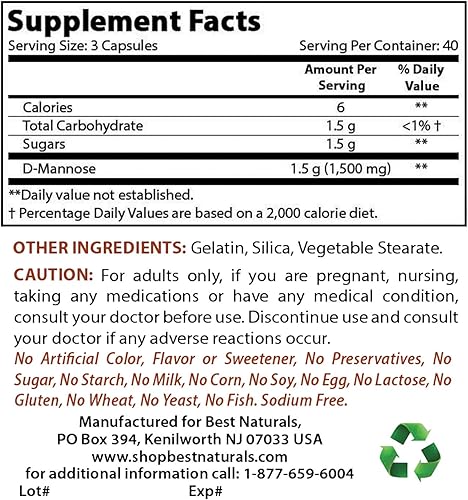 Miniatura 2 de Best Naturals Cápsulas D-Mannose - Suplemento de limpieza del tracto urinario 1500 mgporción - 120 unidades