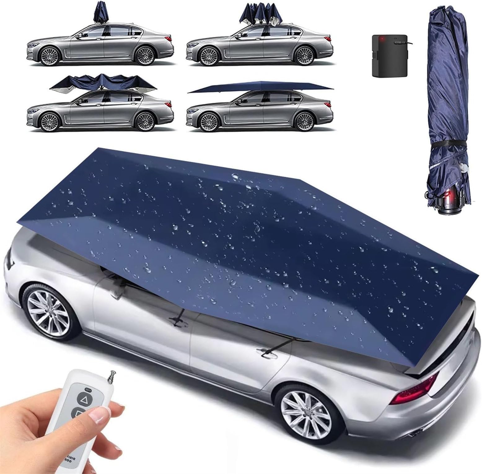 Universal Car Tent, Fully Automatic Car Sunshade Umbrella, Remote Control Smart Mobile Carport Roof, Insulation Sunscreen Folding Awning, Applicable to All Types of Cars Blue-4.6 * 2.3m