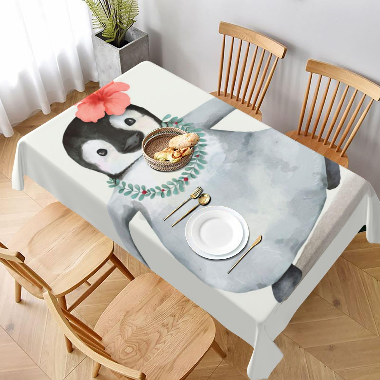 BNVSADC Penguin Wearing Flowers Printed Rectangle Tablecloth 228x152 CM, Water Resistant Polyester Table Cloth Decorative Fabric Table Covers for Kitchen Dining Table Parties Camping
