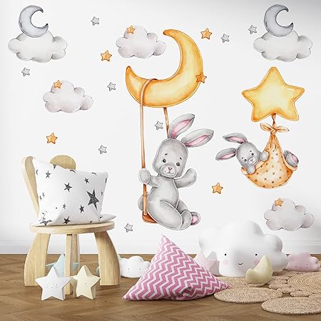 Amazon.com: Bunny Sleeping on The Moon Wall Stickers Rabbit Stickers ...