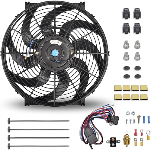 FGJQEFG 14 Inch Black Universal Slim Fan Push Pull Electric Radiator 12V High Performance Cooling Fan with Thermostat Wiring Switch Relay Mount Kit