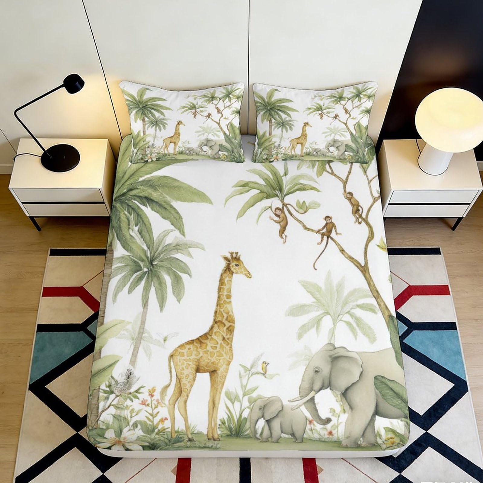 3D Printed Jungle Safari Fitted Sheet Microfiber Soft Breathable Wildlife Bed Cover for Bedroom Dormitory Guest Room Mattress Protection Decor 180x200x25cm