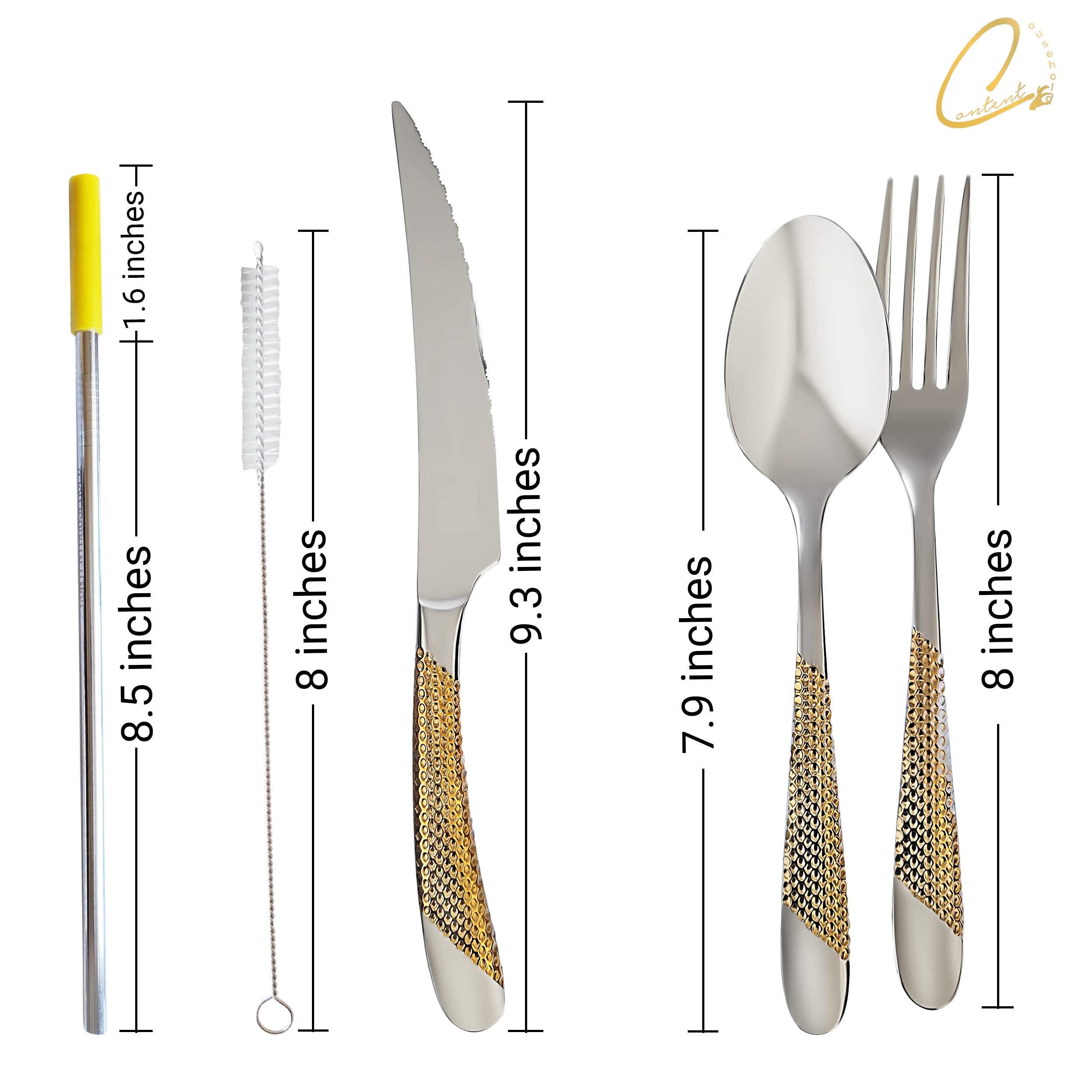 8 pieces Flatware Set, Hammered Silver & Gold 18/10 Stainless Steel, Silverware with Case, Kitchen Utensils Set, Serrated Knife, Spoon, Fork, Reusable Straw, Brush Cleaner, Titanium Plated, Food Grade