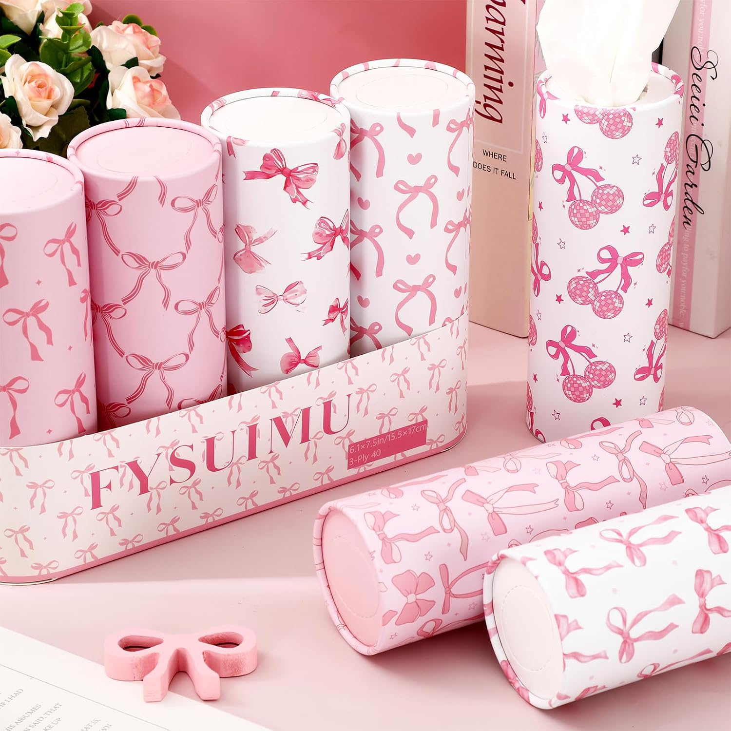 FYSUIMU 16Pcs Pink Bow Car Tissue Holder with Facial Tissue Pink White Bow Round Tissue Tubes for Travel Car Cup Holder Home